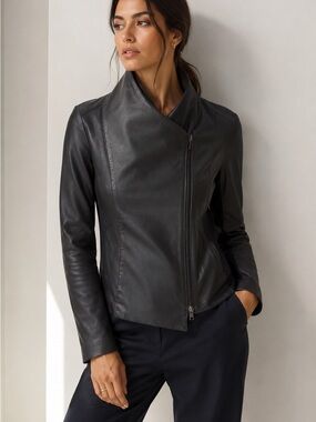 Vince. | Leather Draped Collar Jacket Asymmetrical Zip Wool Knit Panels Size L
